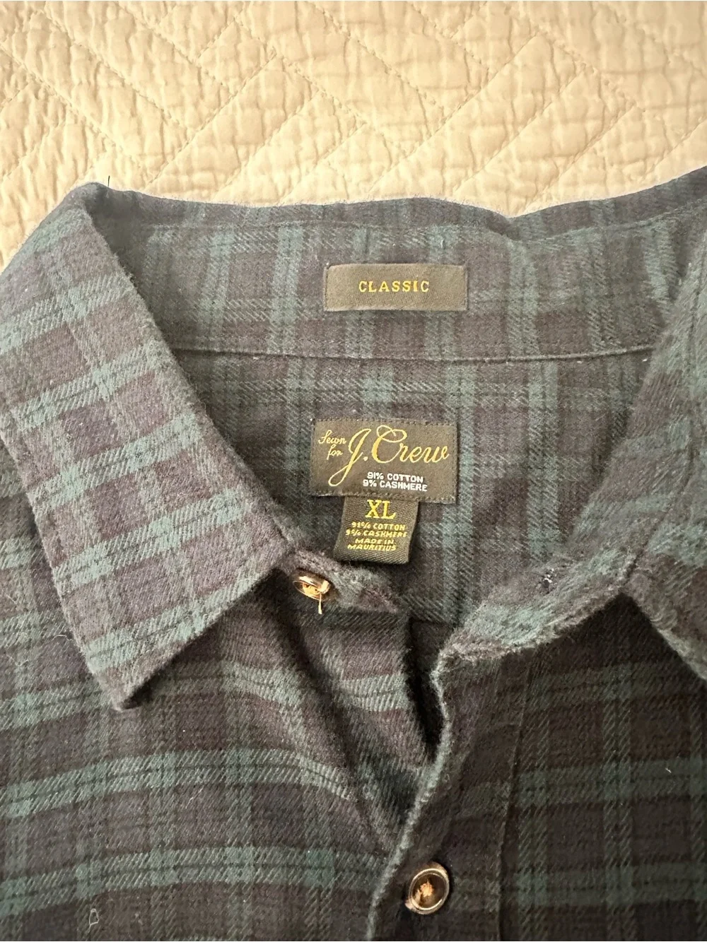 J.Crew Men’s Size XL Flannel Cashmere Cotton Blend Green Navy Plaid Button Down